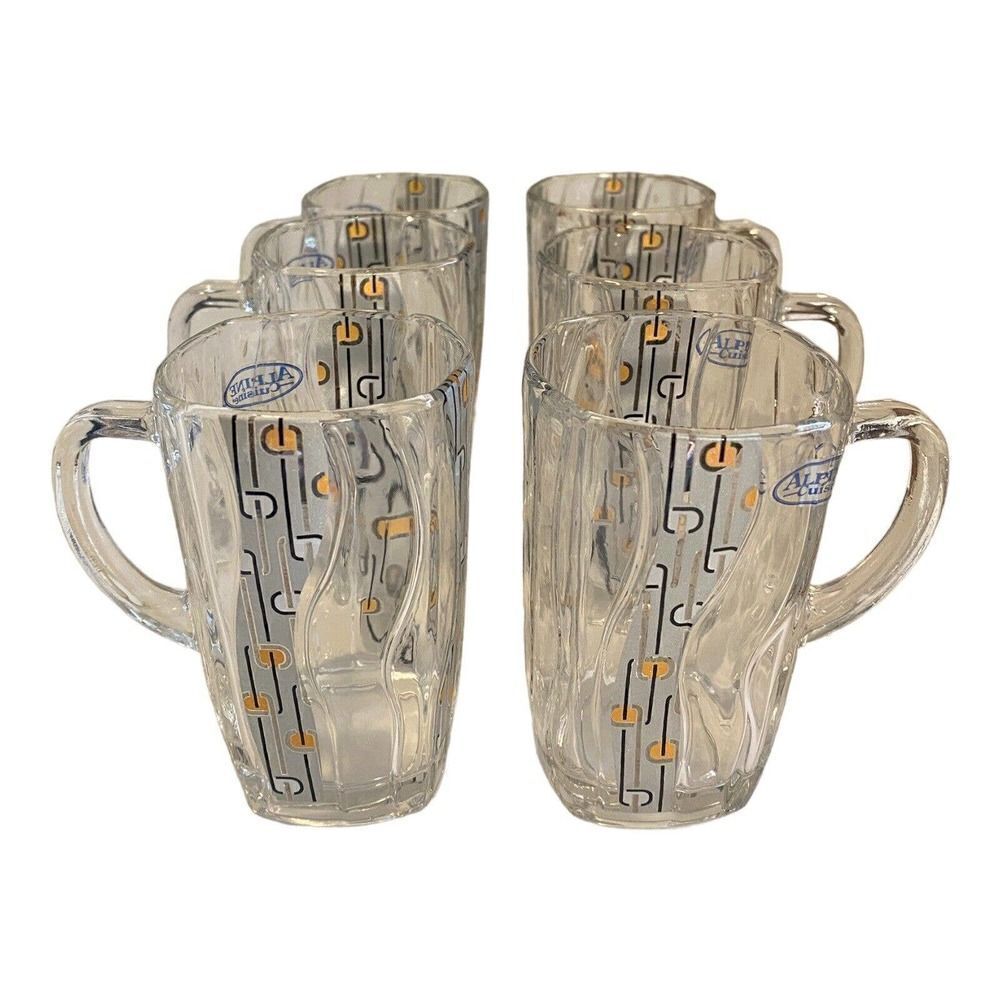 Vintage Alpine Cuisine Gold & Glass Tea Cups Set Of 6 3.25" X 2.75 " MCM